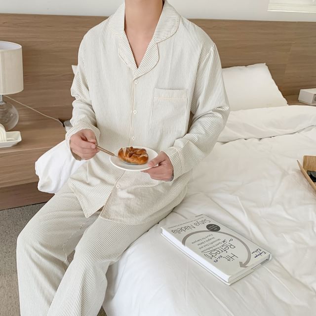 Couple Matching Pajama Set: Long Sleeve Button Top + Straight Leg Pants (Various Designs)