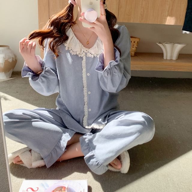 Couple Matching Pajama Set: Long Sleeve Button Top + Straight Leg Pants (Various Designs)