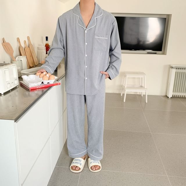 Couple Matching Pajama Set: Long Sleeve Button Top + Straight Leg Pants (Various Designs)