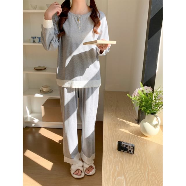 Couple Matching Pajama Set: Long Sleeve Button Top + Straight Leg Pants (Various Designs)