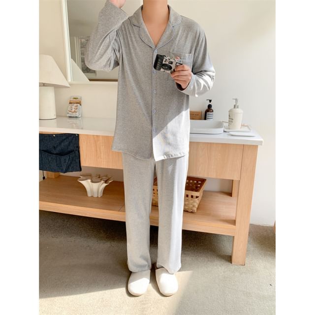 Couple Matching Pajama Set: Long Sleeve Button Top + Straight Leg Pants (Various Designs)