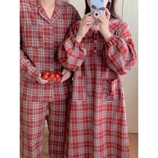 Couple Matching Long Sleeve Collared Plaid Pocket Button Pajama Dress / Collared Pajama Shirt / Straight Leg Pants / Set (Various Designs)