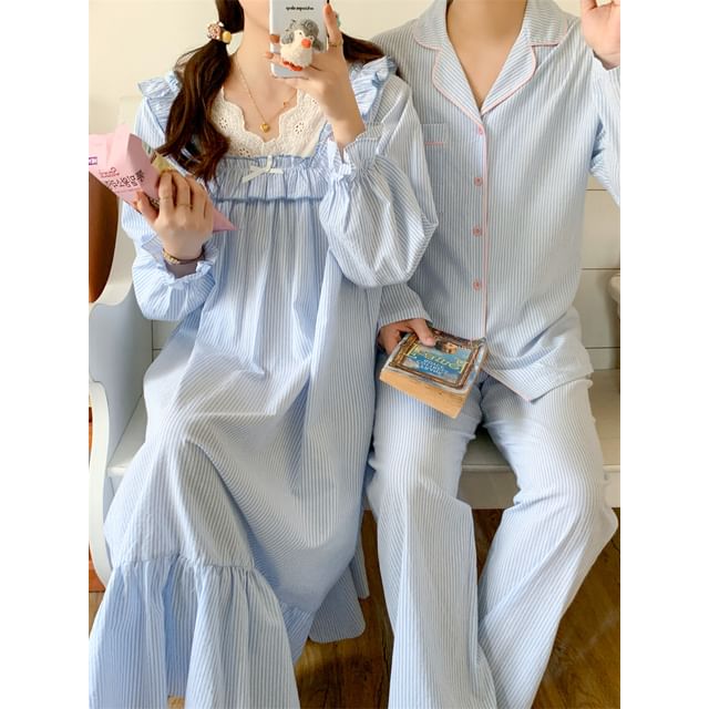 Couple Matching Long Sleeve V-Neck Striped Ruffle Pajama Dress / Collared Pajama Shirt / Straight Leg Pants / Set (Various Designs)