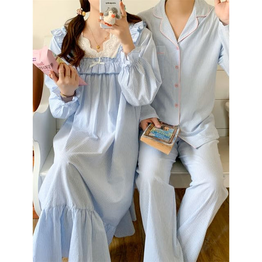 Couple Matching Long Sleeve V-Neck Striped Ruffle Pajama Dress / Collared Pajama Shirt / Straight Leg Pants / Set (Various Designs)