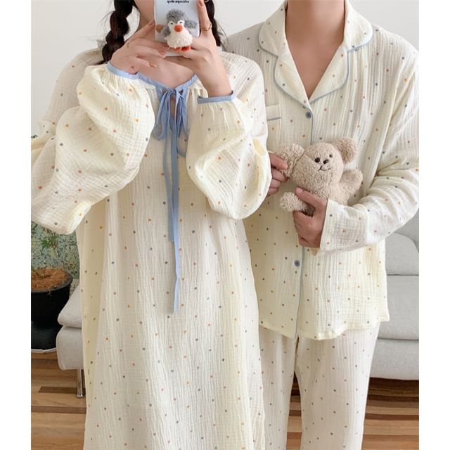 Couple Matching Long Sleeve Tie Neck Dotted Pajama Dress / Pajama Top / Straight Leg Pants / Set (Various Designs)