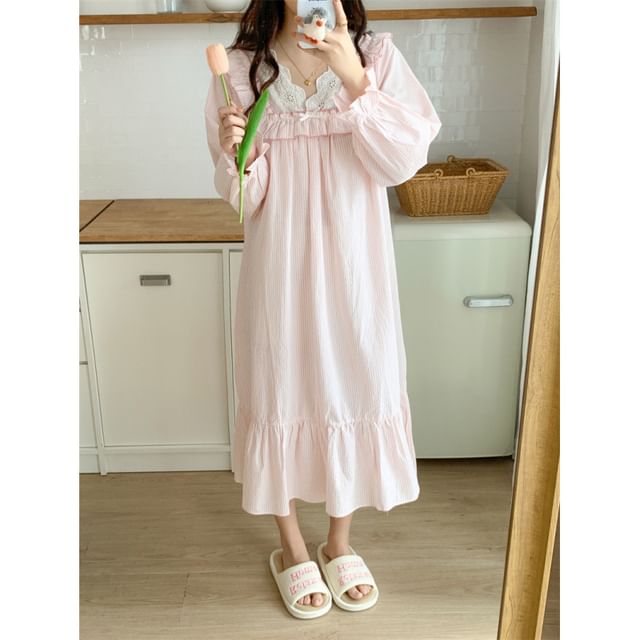 Couple Matching Long Sleeve V-Neck Striped Ruffle Pajama Dress / Collared Pajama Shirt / Straight Leg Pants / Set (Various Designs)