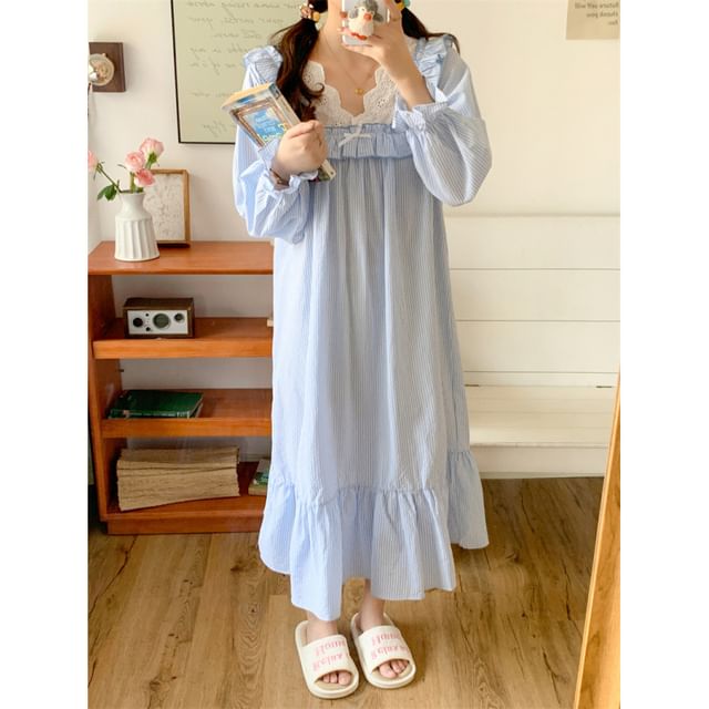 Couple Matching Long Sleeve V-Neck Striped Ruffle Pajama Dress / Collared Pajama Shirt / Straight Leg Pants / Set (Various Designs)