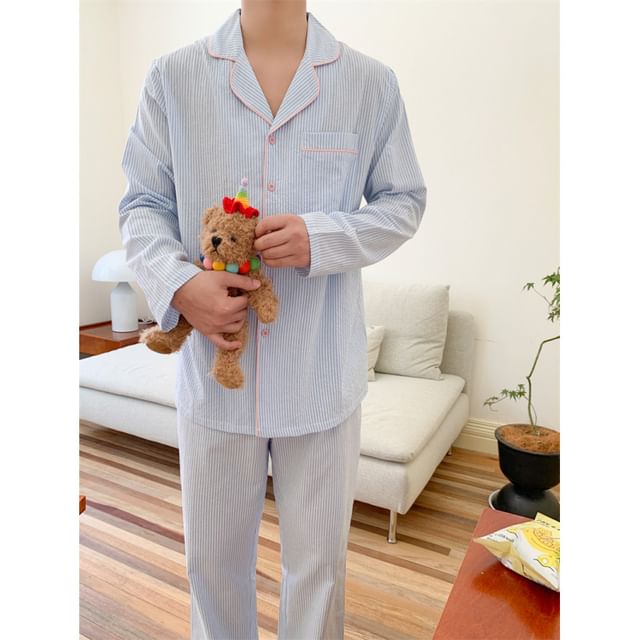 Couple Matching Long Sleeve V-Neck Striped Ruffle Pajama Dress / Collared Pajama Shirt / Straight Leg Pants / Set (Various Designs)