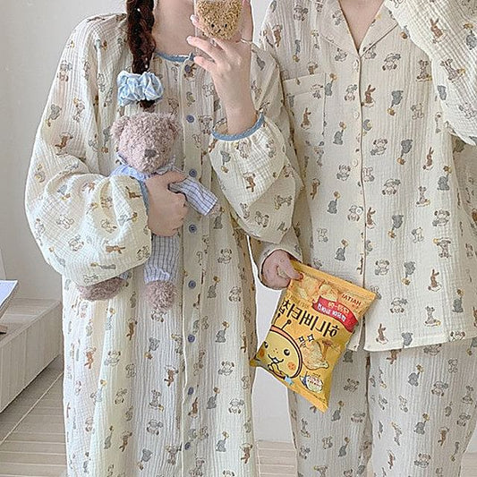 Couple Matching Long-Sleeve Cartoon Print Button-Up Midi Pajama Dress / Top / Pants / Set