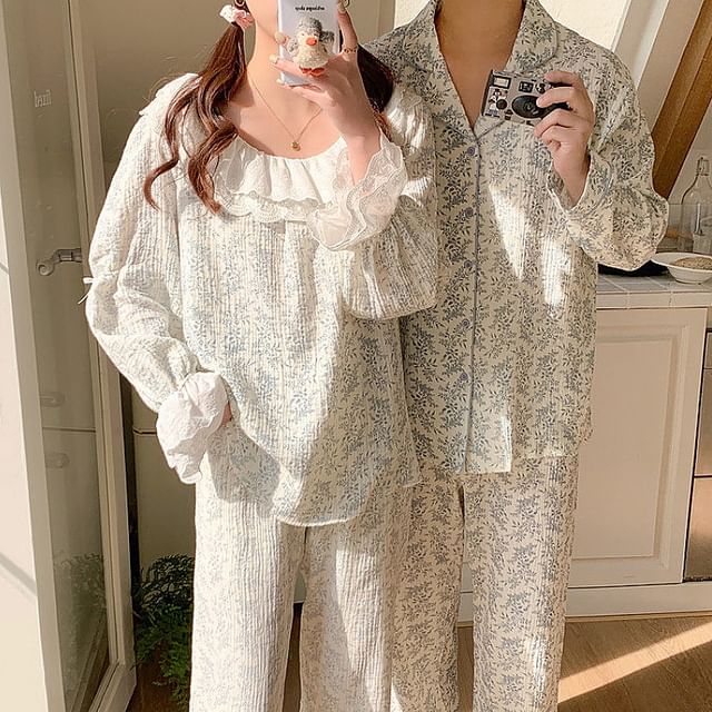 Couple Matching Long-Sleeve Floral Print Midi Pajama Dress / Top / Pants / Set (Various Designs)