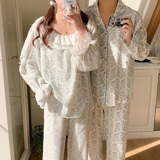 Couple Matching Long-Sleeve Floral Print Midi Pajama Dress / Top / Pants / Set (Various Designs)