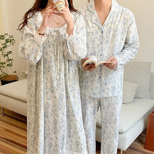Couple Matching Long-Sleeve Scoop Floral Print Midi Pajama Dress / Lapel Collar Button-Up Top / Pants / Set (Various Designs)