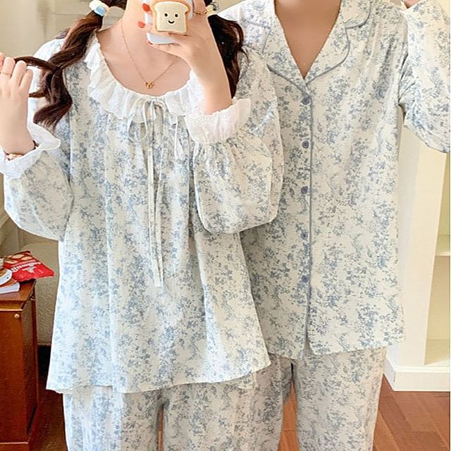 Couple Matching Pajama Set: Long-Sleeve Floral Print Top + Pants (Various Designs)
