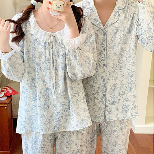 Couple Matching Pajama Set: Long-Sleeve Floral Print Top + Pants (Various Designs)
