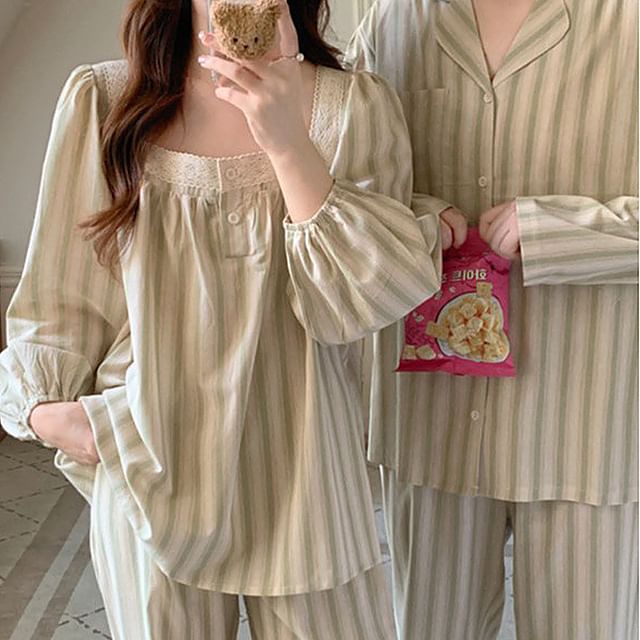 Couple Matching Long-Sleeve Striped Midi Pajama Dress / Top / Pants / Set (Various Designs)