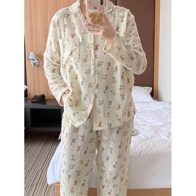 Couple Matching Long-Sleeve Cartoon Print Button-Up Midi Pajama Dress / Top / Pants / Set