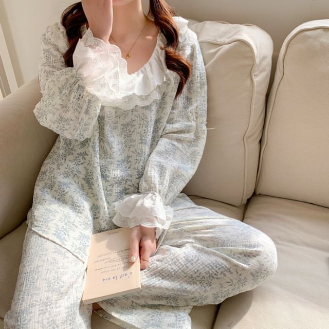 Couple Matching Long-Sleeve Floral Print Midi Pajama Dress / Top / Pants / Set (Various Designs)