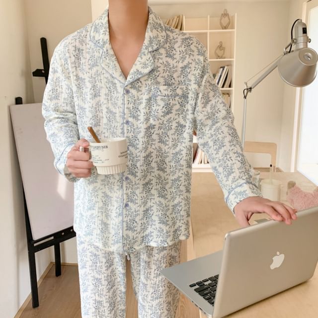 Couple Matching Long-Sleeve Floral Print Midi Pajama Dress / Top / Pants / Set (Various Designs)