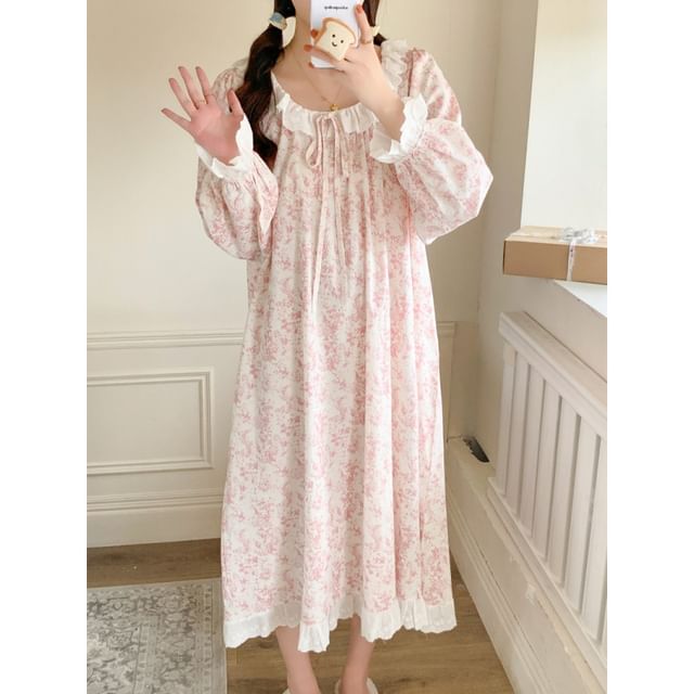 Couple Matching Long-Sleeve Scoop Floral Print Midi Pajama Dress / Lapel Collar Button-Up Top / Pants / Set (Various Designs)