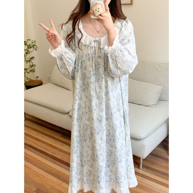 Couple Matching Long-Sleeve Scoop Floral Print Midi Pajama Dress / Lapel Collar Button-Up Top / Pants / Set (Various Designs)