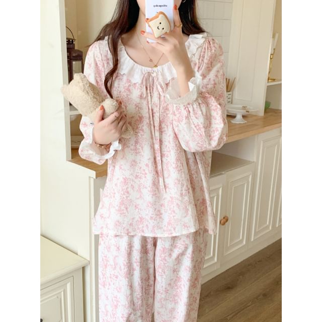 Couple Matching Pajama Set: Long-Sleeve Floral Print Top + Pants (Various Designs)