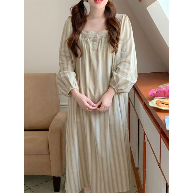 Couple Matching Long-Sleeve Striped Midi Pajama Dress / Top / Pants / Set (Various Designs)