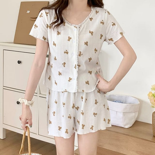 Round Neck Lace-Trim Button Cami and Shorts Pajama Set