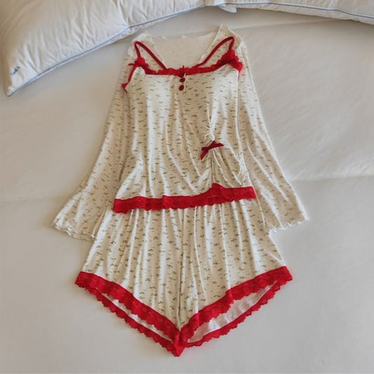 Henley Lace-Trim Camisole, Open Jacket, and Shorts Pajama Set