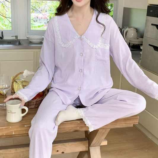Collar Lace-Trim Long-Sleeve Button Top and Pants Pajama Set