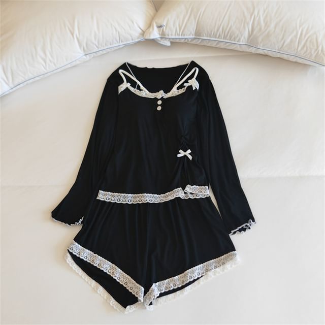 Henley Lace-Trim Camisole, Open Jacket, and Shorts Pajama Set