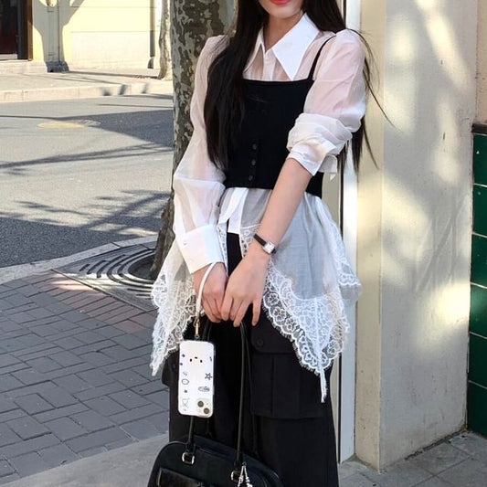 Cropped Cami and Sheer Lace-Trimmed Long-Sleeve Shirt Set