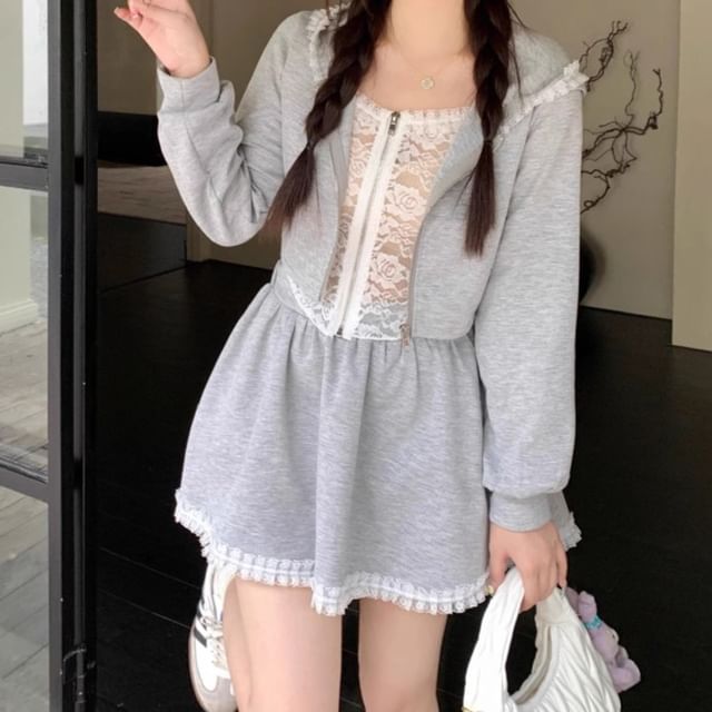 Frill-Trimmed Lace Zip Hoodie and High-Waisted Mini Skirt Set