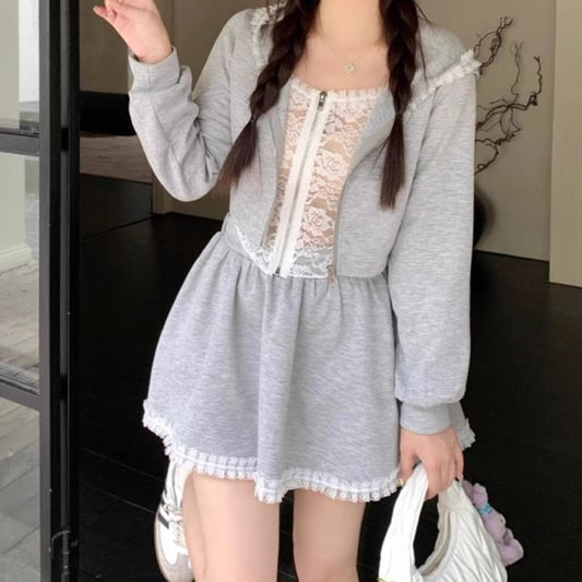 Frill-Trimmed Lace Zip Hoodie and High-Waisted Mini Skirt Set