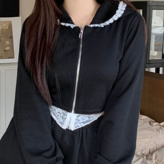 Frill-Trimmed Lace Zip Hoodie and High-Waisted Mini Skirt Set