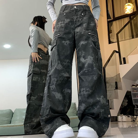 High Waist Camo Print Wide Leg Cargo Pants