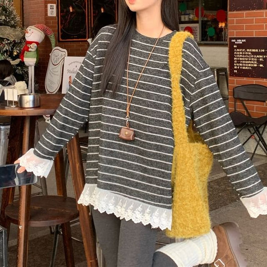 Crew Neck Long-Sleeve Striped Lace-Panel Tee