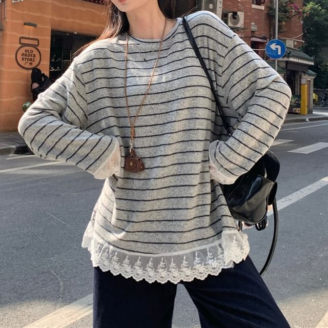 Crew Neck Long-Sleeve Striped Lace-Panel Tee
