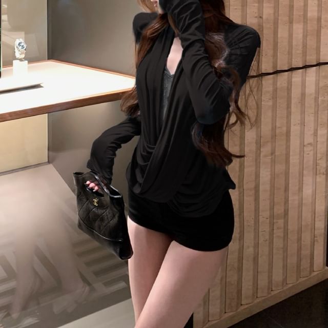 Cowl Neck Long-Sleeve Mock Two-Piece Lace-Panel Top