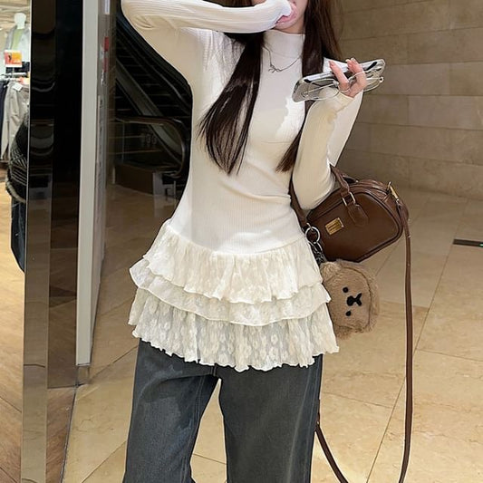 Mock Neck Long-Sleeve Ruffle Lace-Trimmed Tee