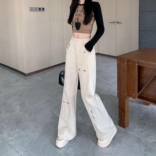 Mid Rise Plain Cargo Bootcut Pants