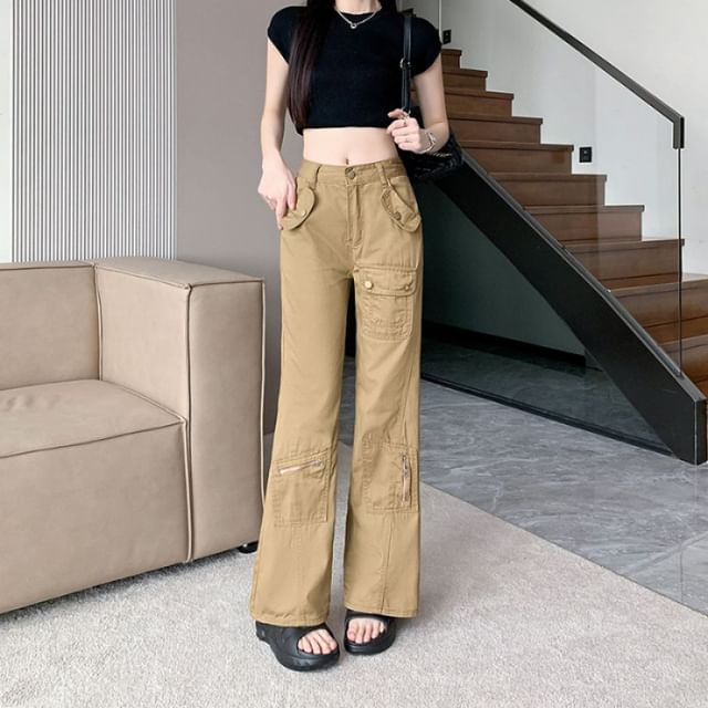 Mid Rise Plain Cargo Bootcut Pants