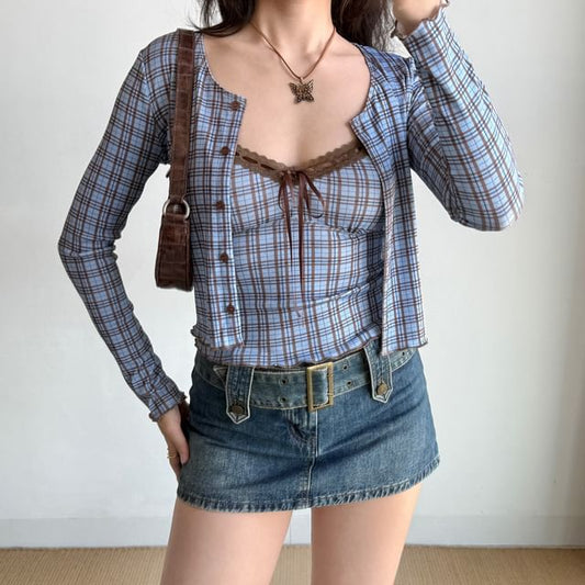 Plaid V-Neck Lace-Trimmed Cropped Cami and Button Cardigan Set