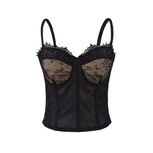 Mesh Lace-Trimmed Slim Cropped Camisole Top
