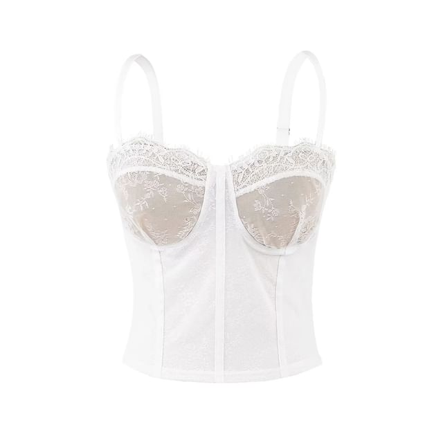 Mesh Lace-Trimmed Slim Cropped Camisole Top