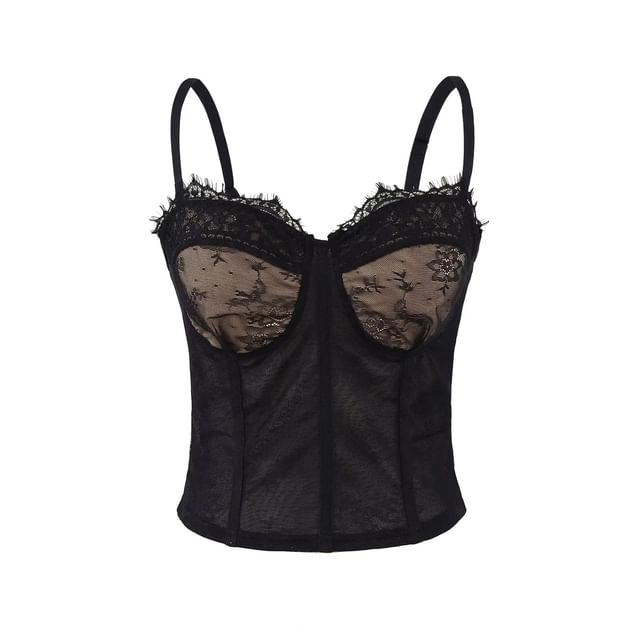 Mesh Lace-Trimmed Slim Cropped Camisole Top