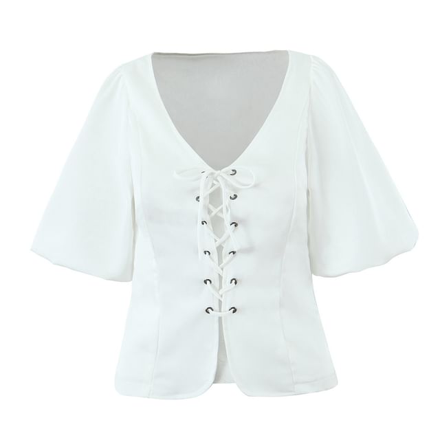 Puff-Sleeved V-Neck Lace-Up Slit Blouse & Mini Layered Skirt