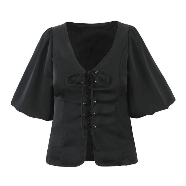 Puff-Sleeved V-Neck Lace-Up Slit Blouse & Mini Layered Skirt