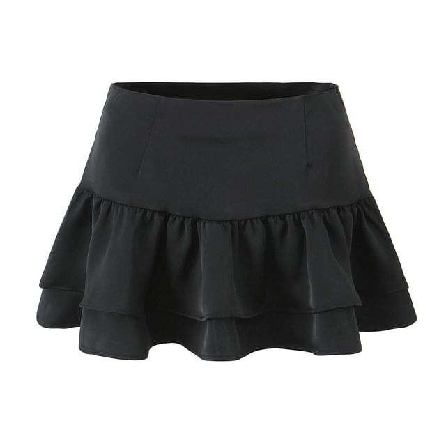 Puff-Sleeved V-Neck Lace-Up Slit Blouse & Mini Layered Skirt