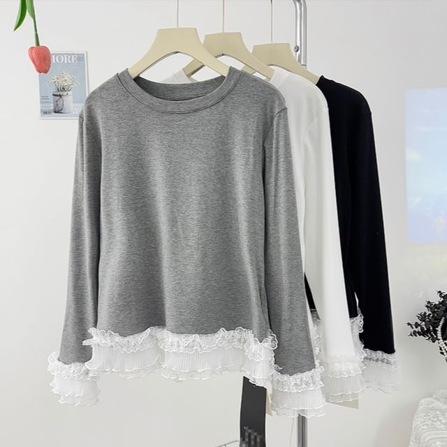 Ruffled Lace Trim Long-Sleeved Tee