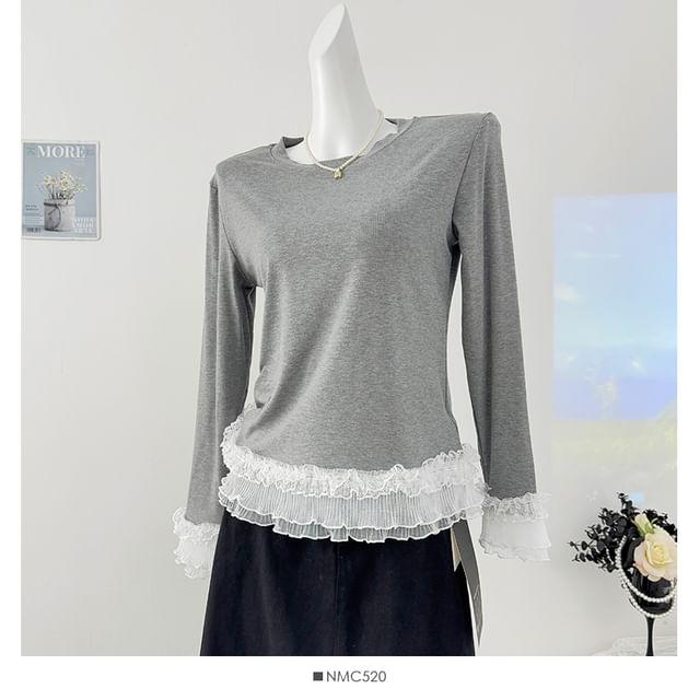 Ruffled Lace Trim Long-Sleeved Tee